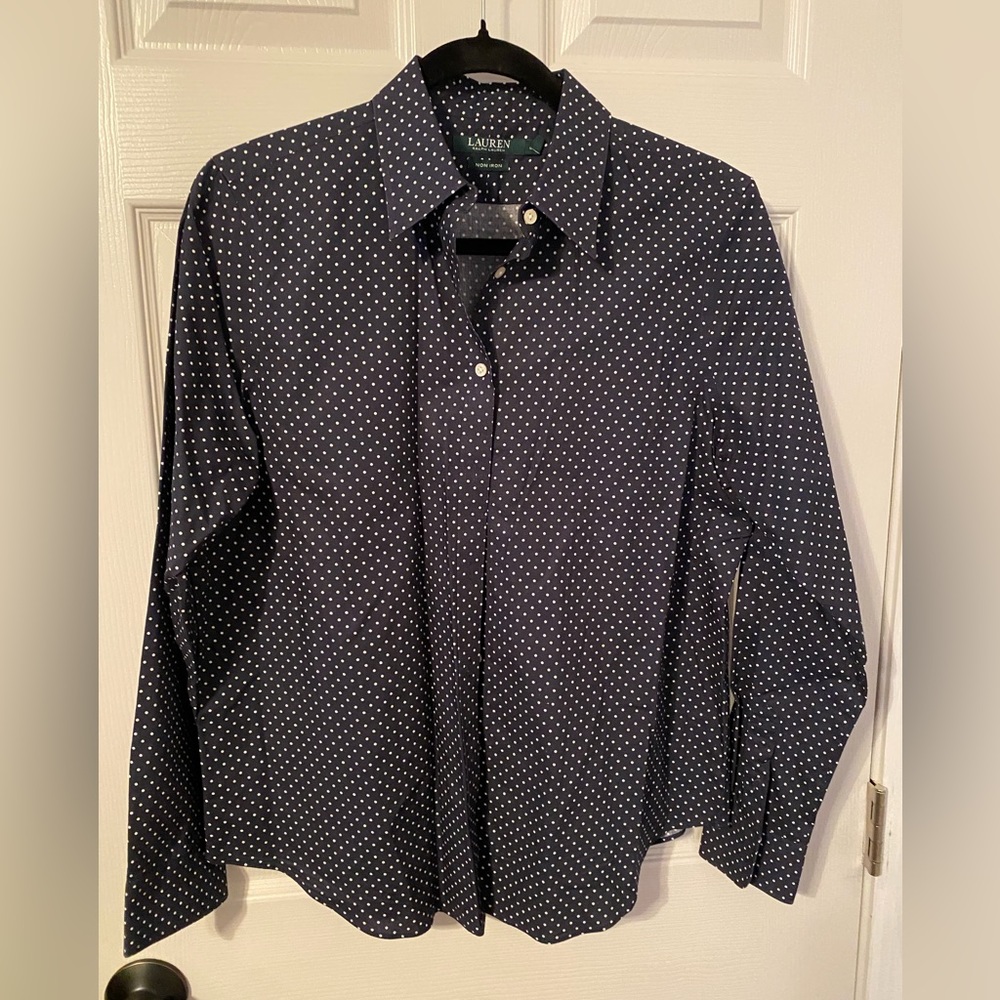 3/$30 Ralph Lauren, women’s L, navy and white polka dot button down, excellent